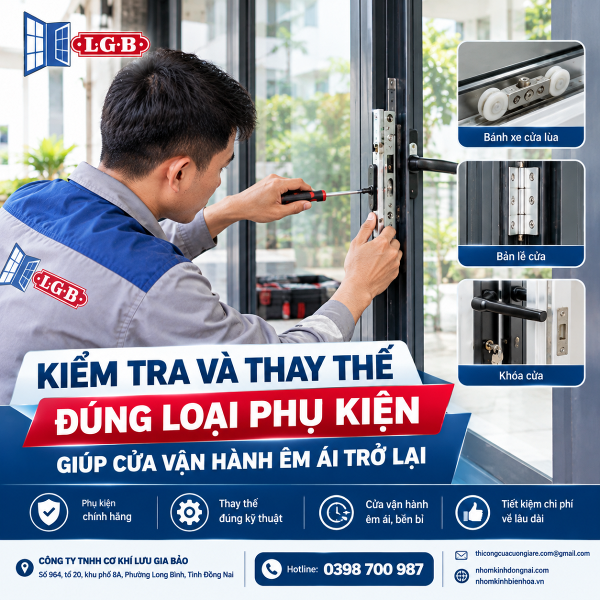 Thợ kỹ thuật kiểm tra sửa chữa bánh xe cửa lùa nhôm kính