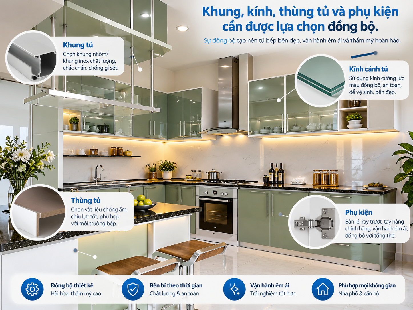 cấu tạo tủ bếp cánh kính khung nhôm và phụ kiện