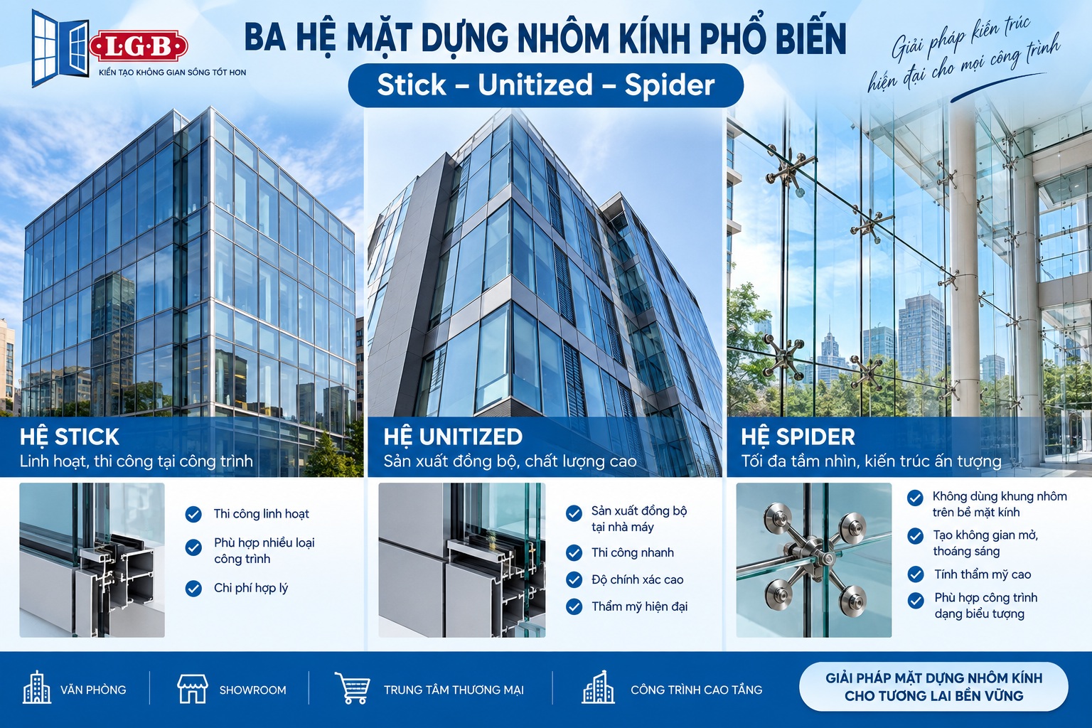 Các hệ mặt dựng nhôm kính Stick Unitized Spider