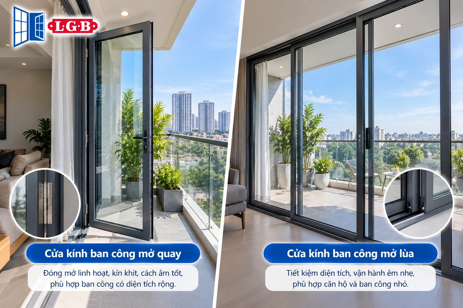 Cửa kính ban công mở quay và mở lùa