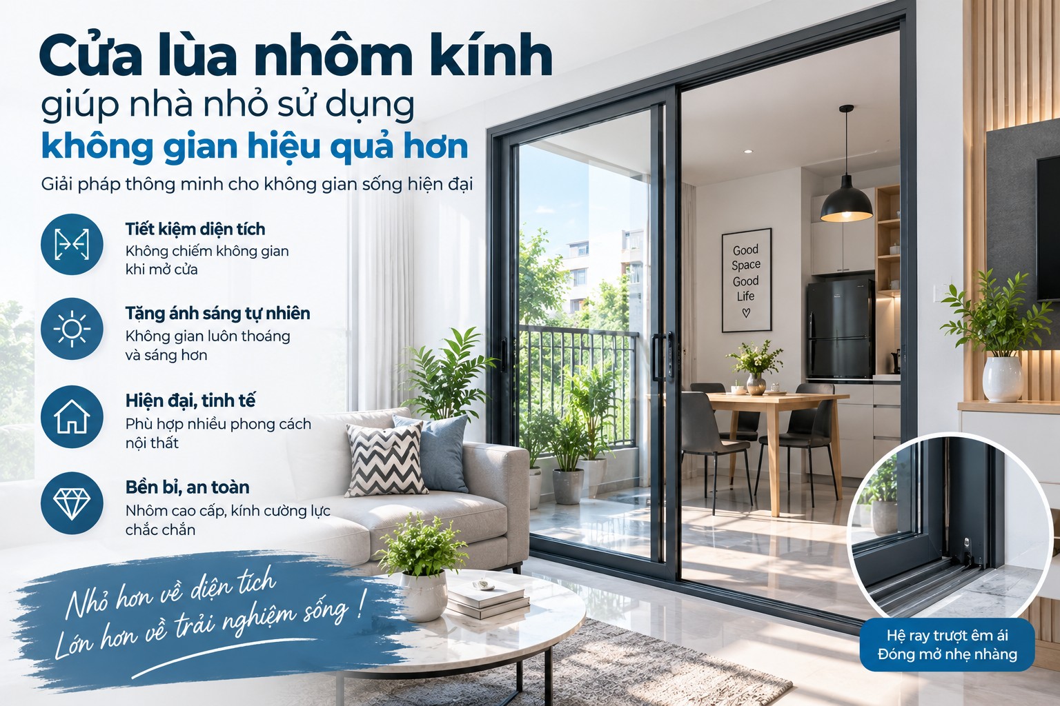 cửa lùa nhôm kính cho nhà nhỏ tiết kiệm diện tích