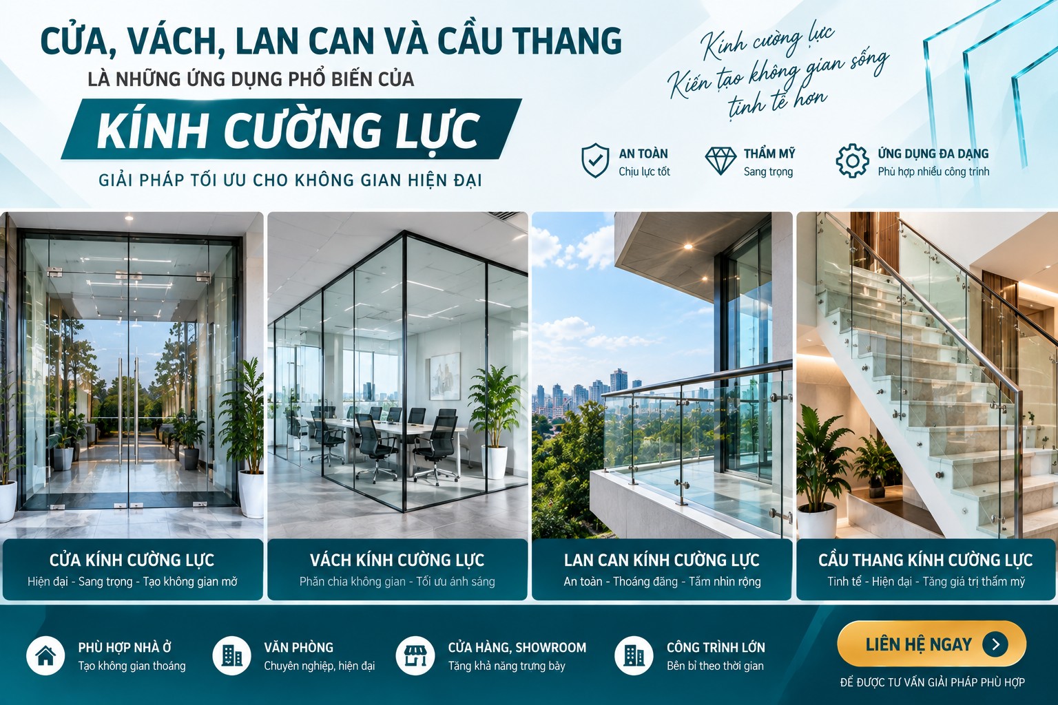 ứng dụng kính cường lực cho cửa vách lan can và cầu thang