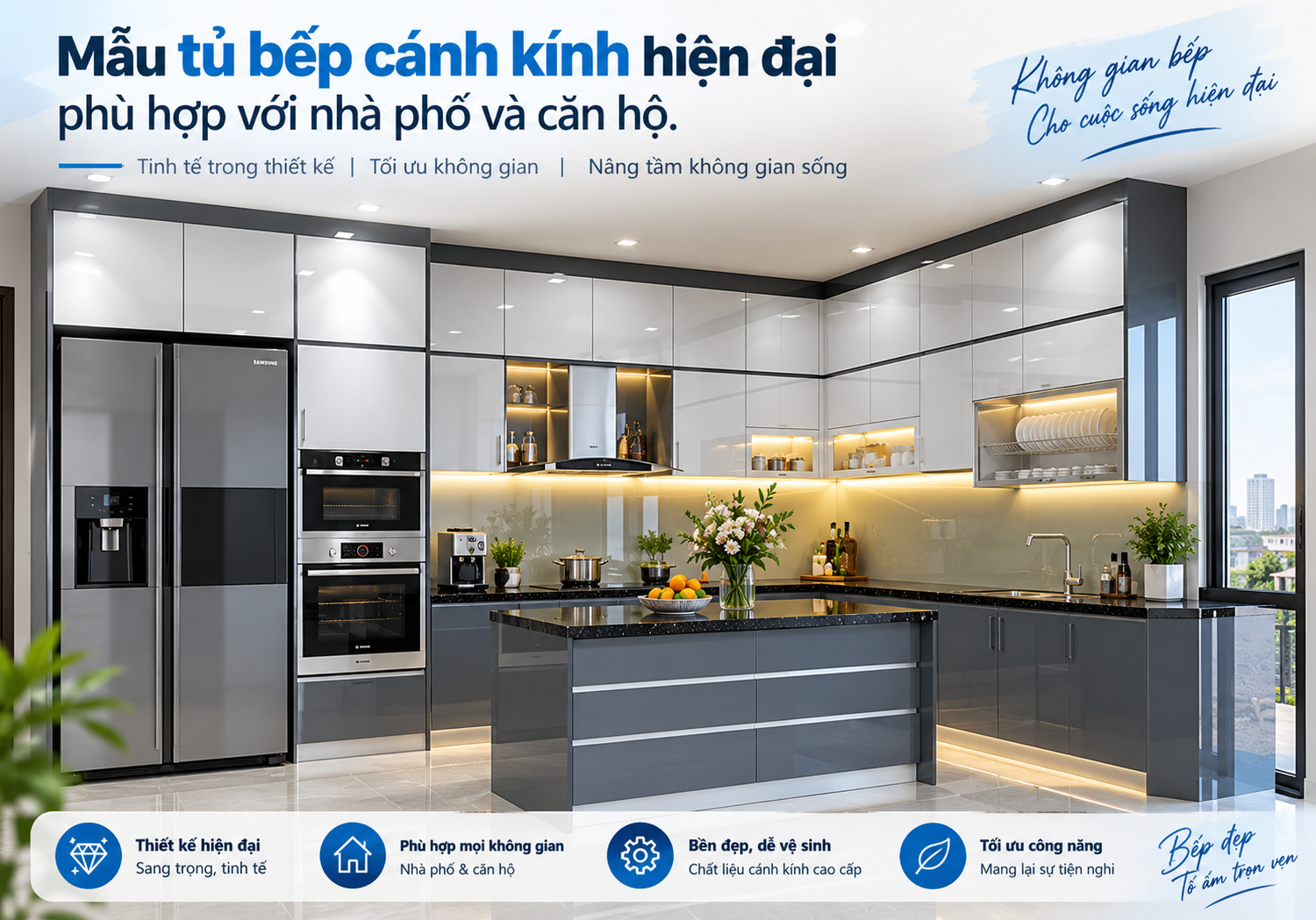 tủ bếp cánh kính đẹp hiện đại tại Biên Hòa