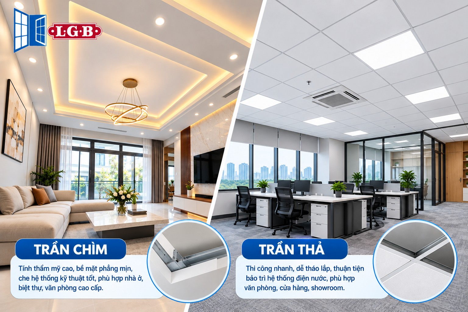 Khung xương trần thạch cao chìm và trần thả